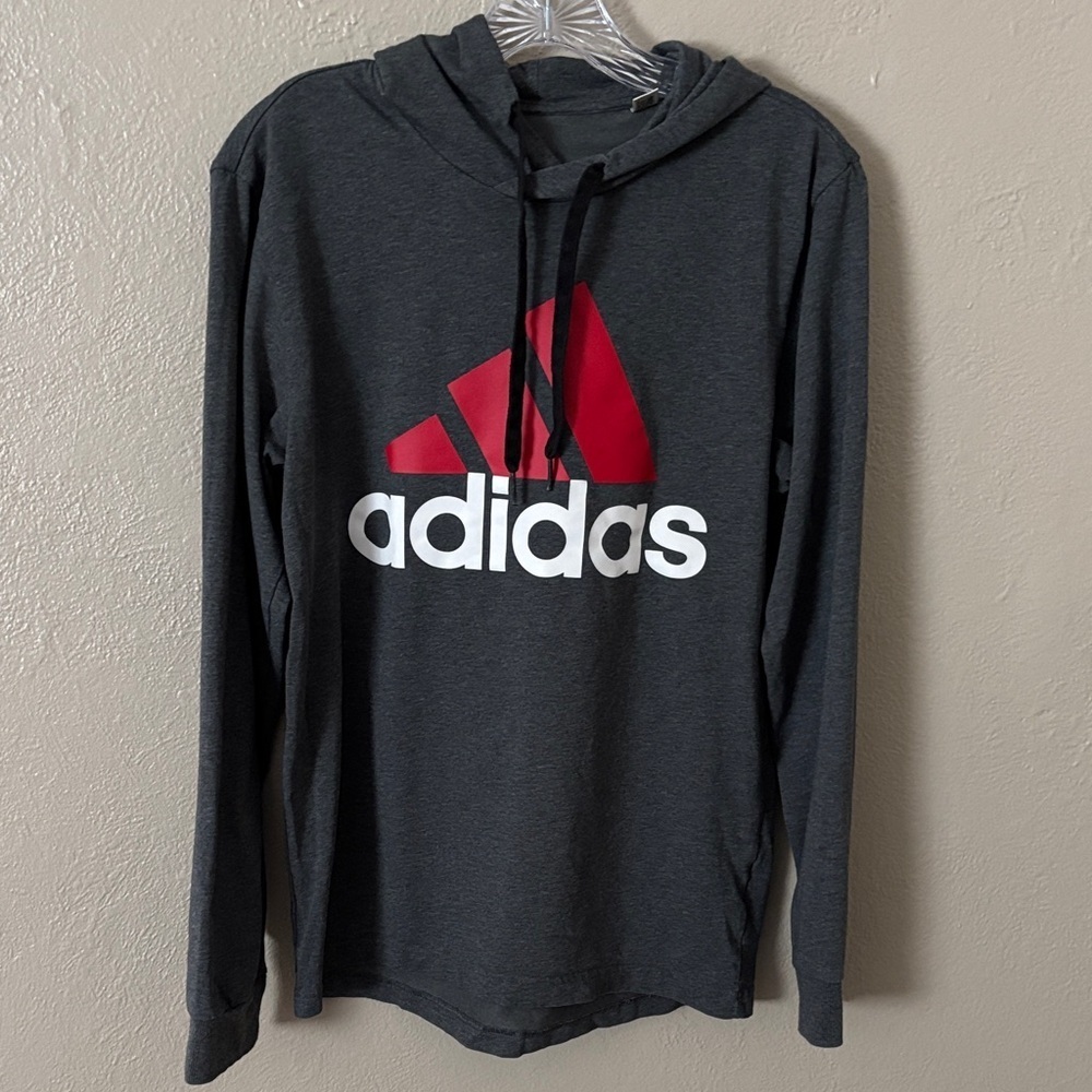 Mens Adidas Essentials Logo Lightweight Hooded Long Sleeve Shirt Gray Red, Small